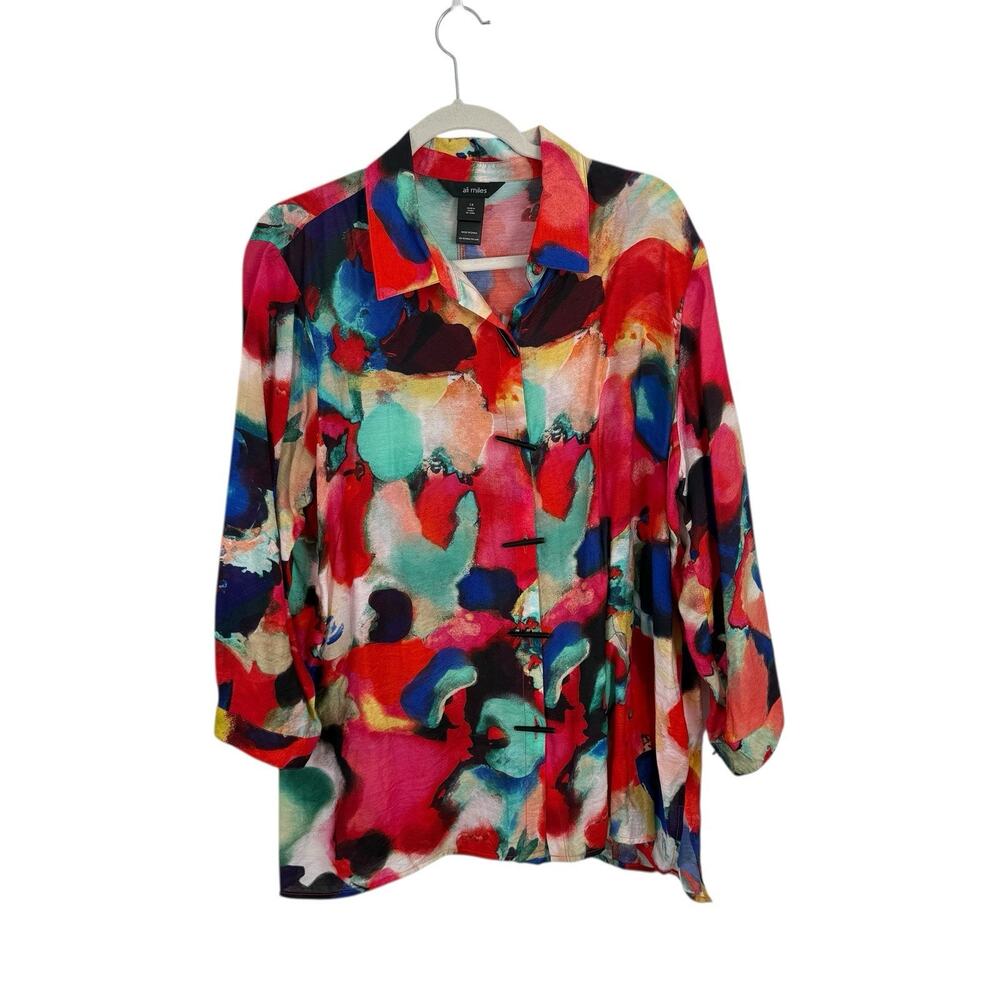 Ali Miles Watercolor Button Front Blouse Artsy Boho Lagenlook Womens Size 1x
